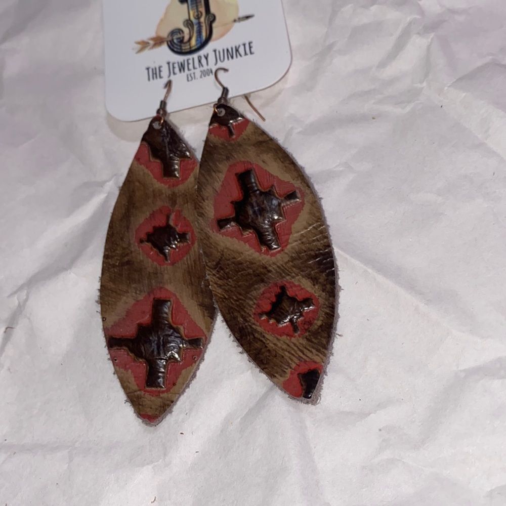 Large- Leather Oval Earrings in Brown & Red Navajo